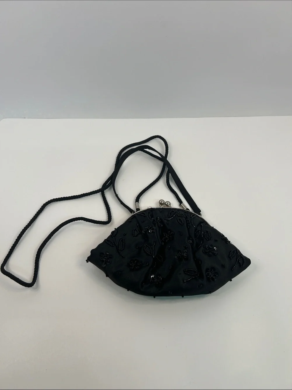 Black Beaded Floral Evening Clutch with Strap